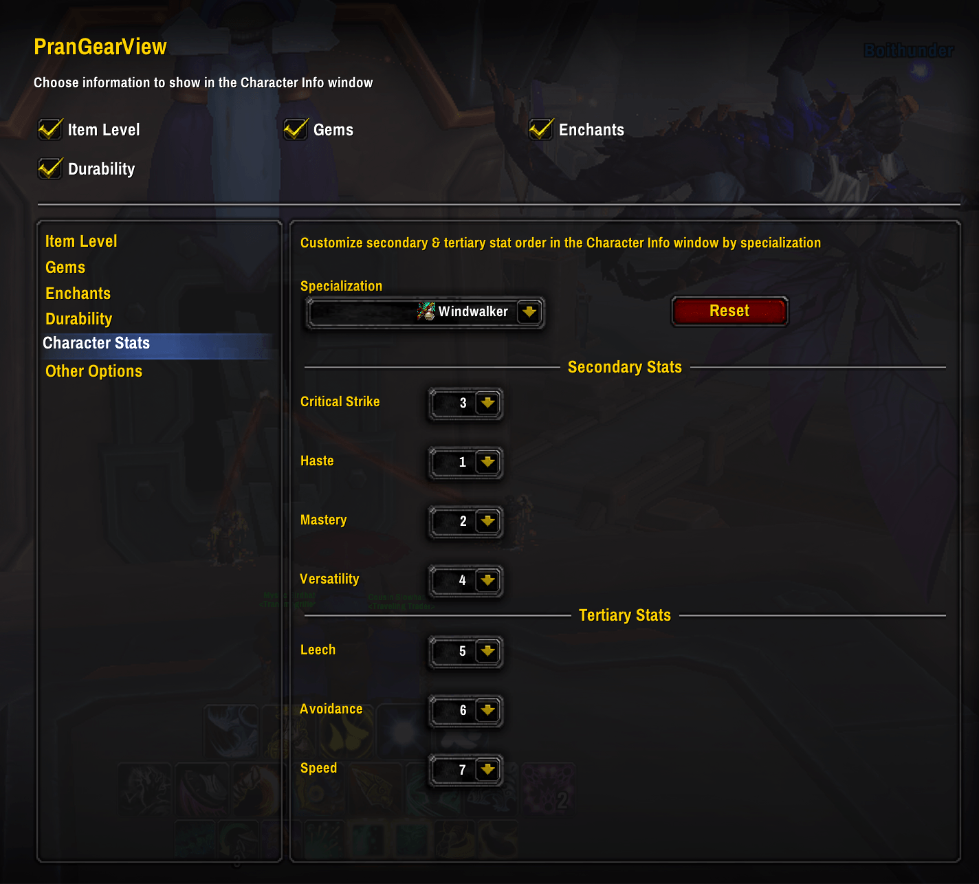 Thumbnail The Options window for this AddOn with the Character Stats group currently selected