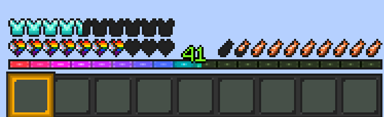 minecraft hud with ebg with oled hotbar, progress flag hearts, tropical fish hunger bar, diamond armor icons, rainbow xp bar with gold hotbar selector all avaliable through respackopts