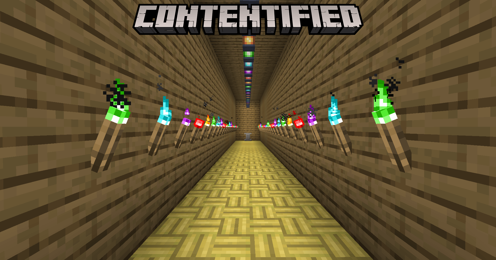 Thumbnail A long hallway full of the new Torches and Lanterns with a Pedestal at the end.