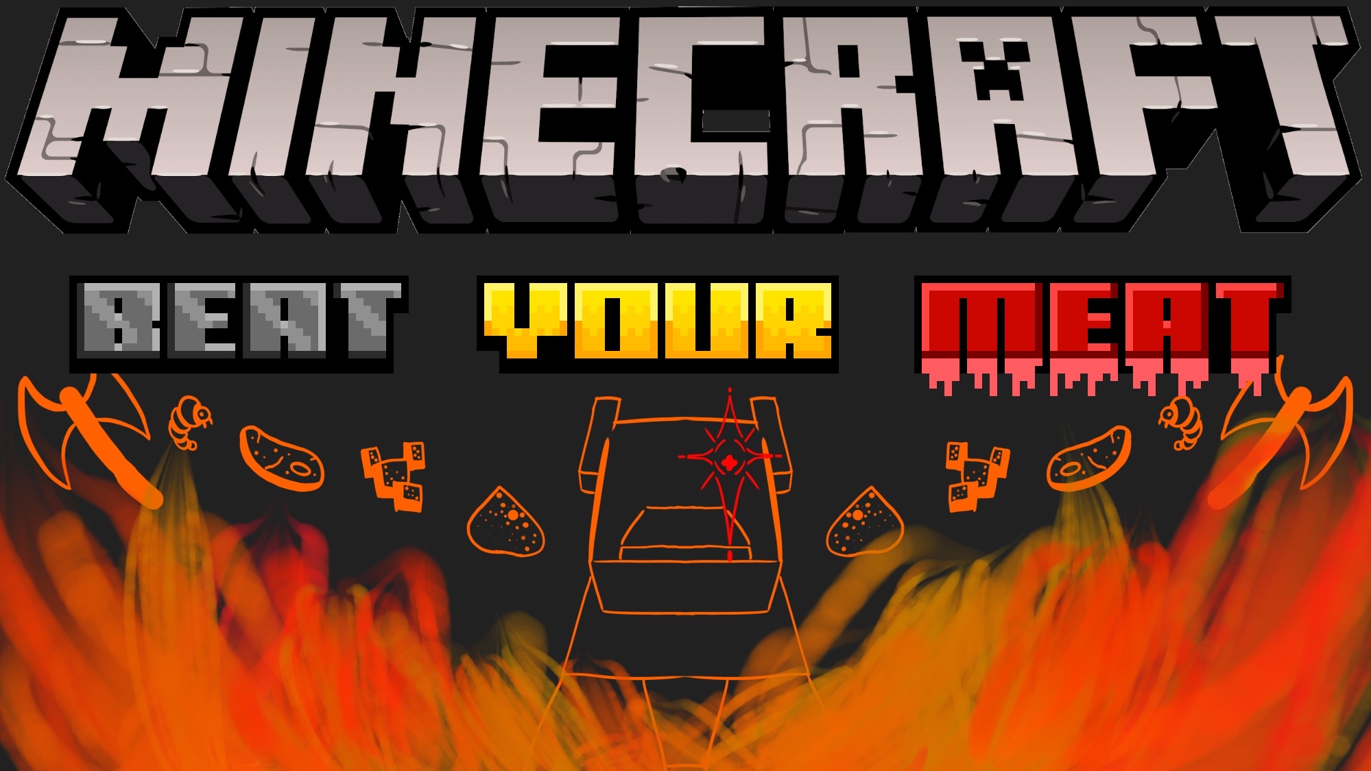 exeptionally large cow standing over flames with text above reading "Minecraft: Beat Your Meat"