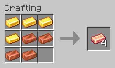 Thumbnail Rose Gold Ingot has two crafting recipes, this one matching the crafting of the Netherite Ingot, but giving 4 ingots to match the correct quantity. This crafting is shapeless.