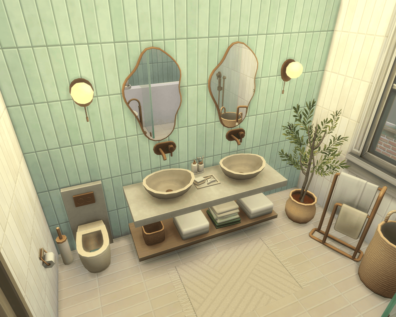 Thumbnail Double sink-mirror vanities w/soaps, skincare products, matching wall lights and towels & baskets storage below!
