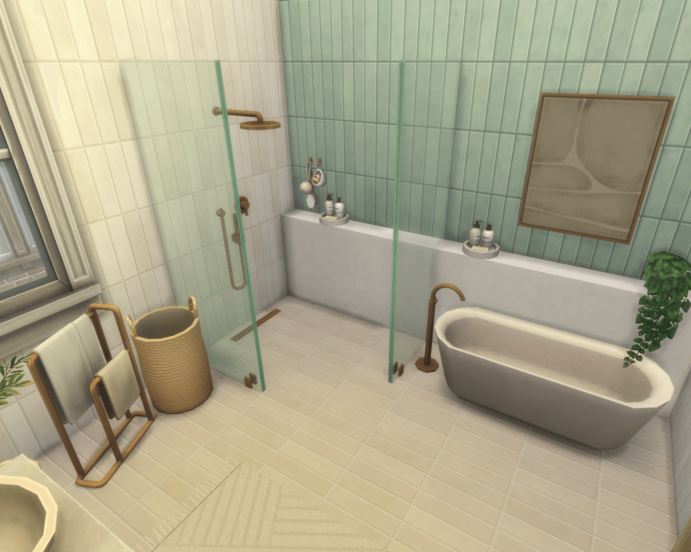 Thumbnail Open glass shower and free-standing bathtub, with a long stone wall shelf holding bathroom products and plants!