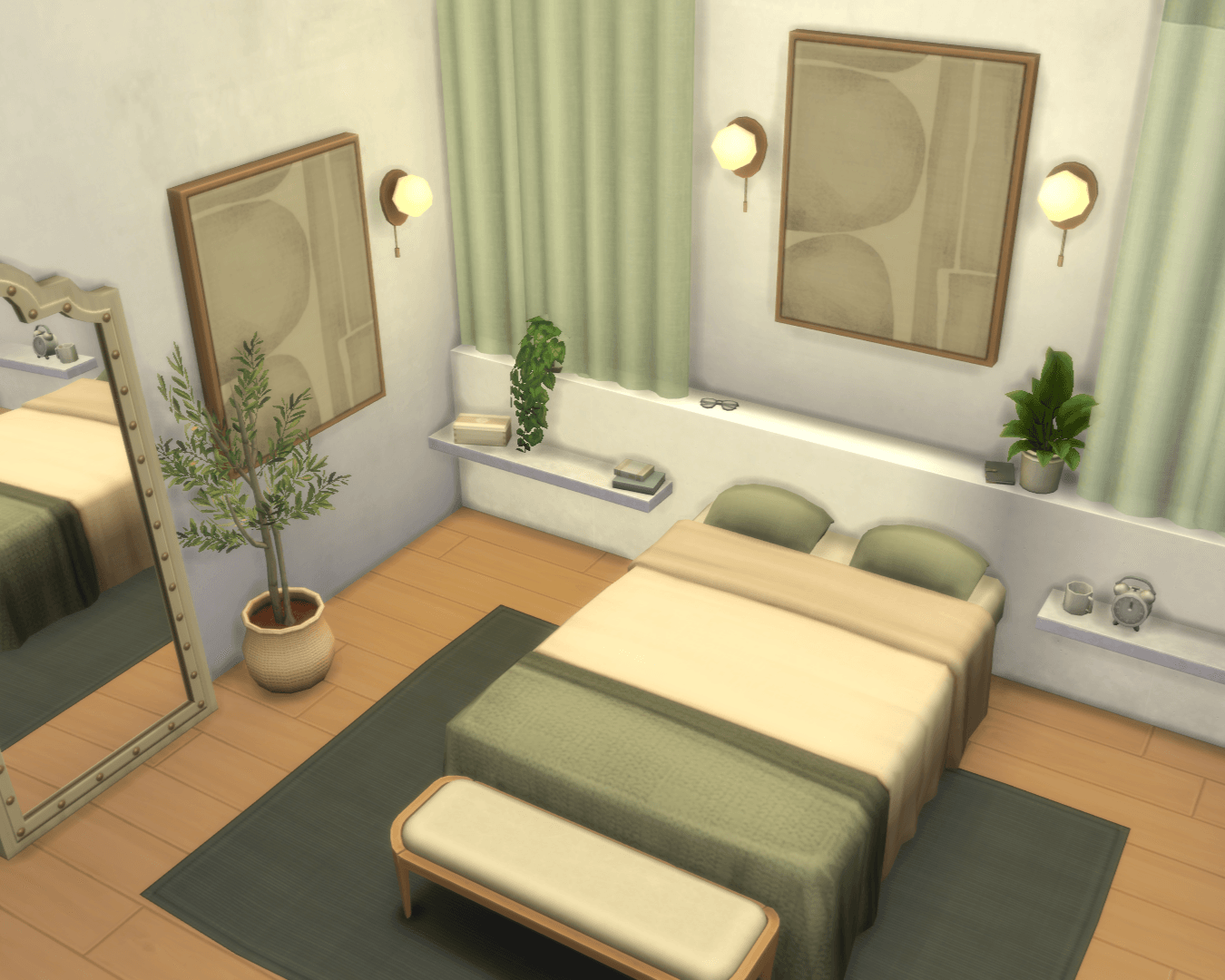 Thumbnail Comfy bedroom, bed w/soft linens, long wall headboard w/books, plants, glasses clutter & a vanity, mirror, armchair & tv!