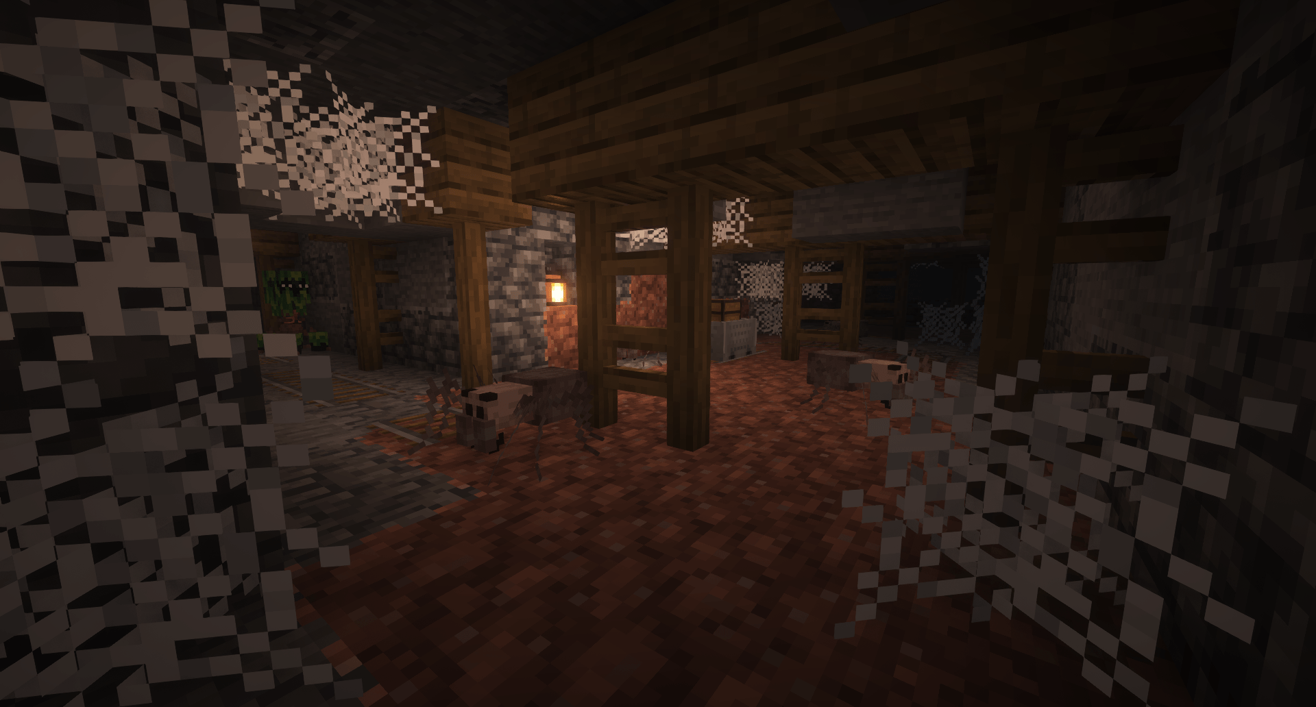 Thumbnail Some cave spiders in a mineshaft, accompanied by the new and improved creeper.