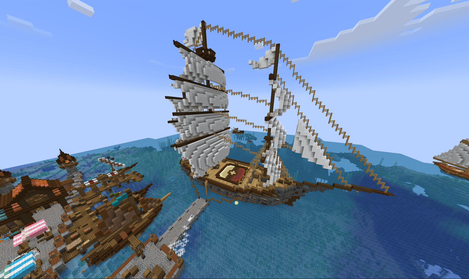 Thumbnail A detailed Minecraft sailing ship docks at a lively harbor, surrounded by clear blue waters and other impressive vessels.