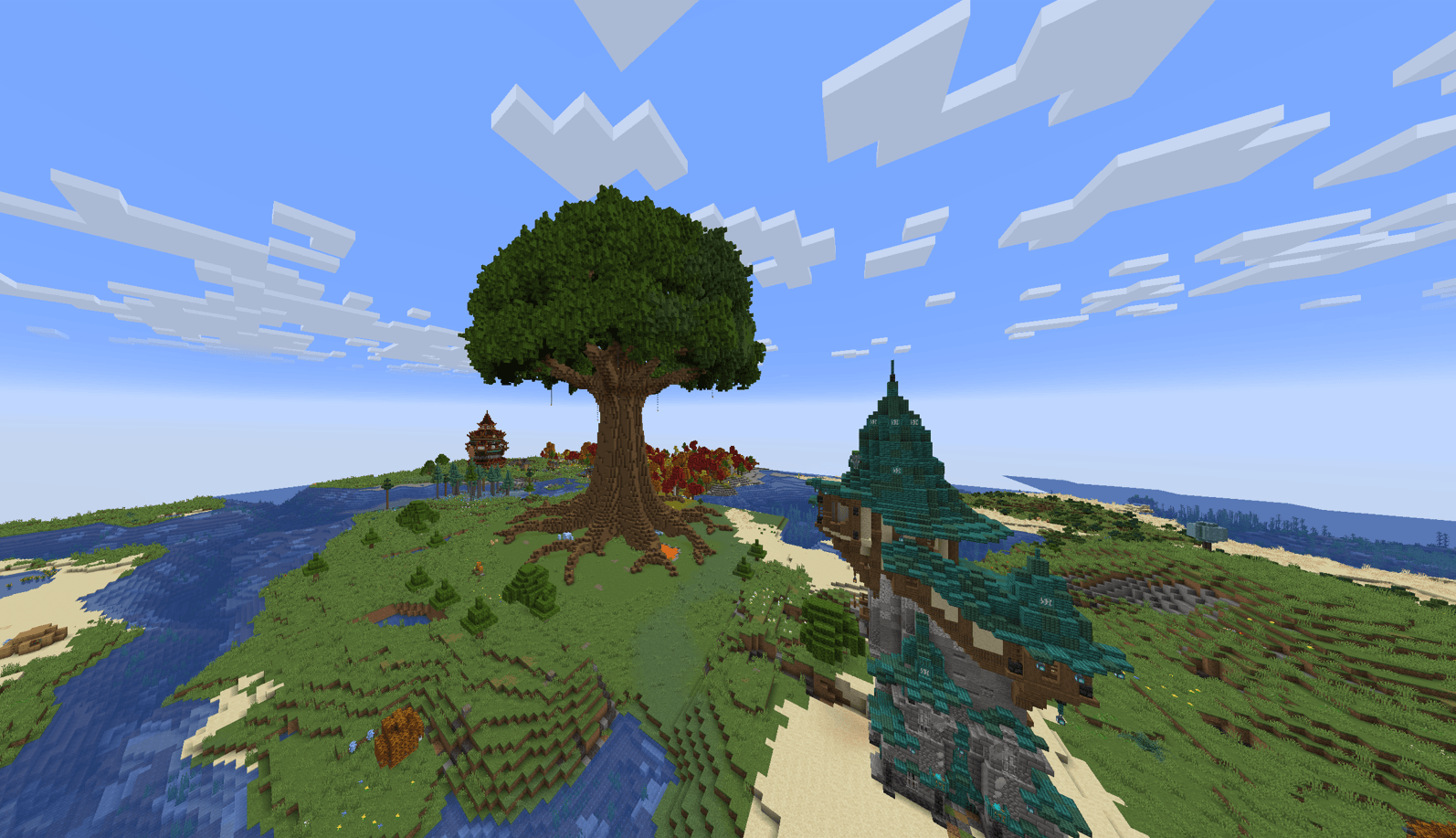 Thumbnail A beautiful, lush biome featuring a giant tree, surrounded by water and unique buildings.