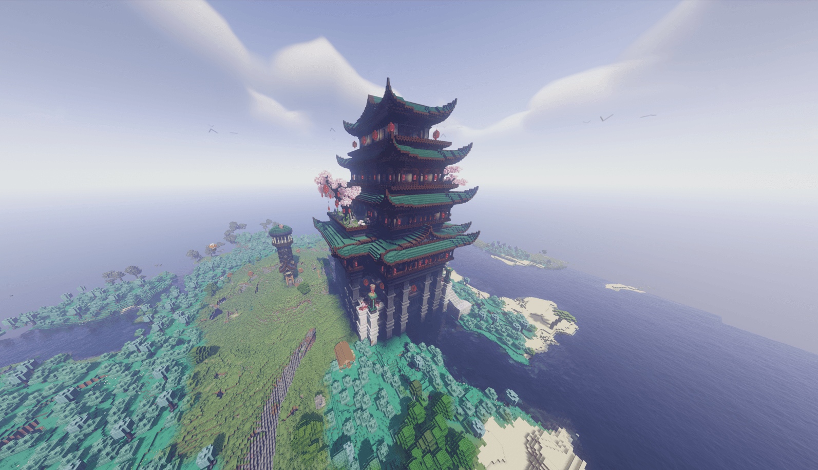 Thumbnail A majestic, multi-tiered pagoda rises above a lush coastal landscape, blending traditional East Asian architecture with the natural beauty of the sea.