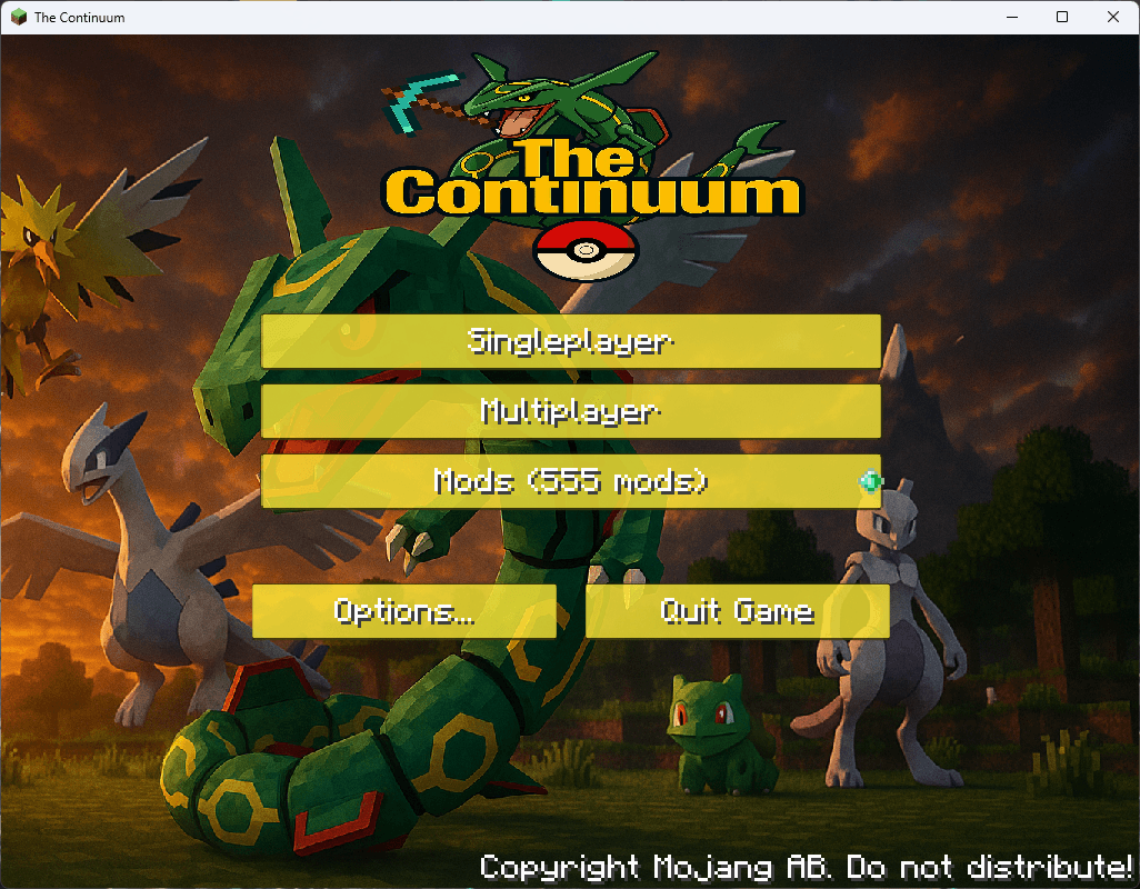 Thumbnail Experience an epic custom main menu featuring iconic Legendary Pokémon and immersive background music, setting the stage for your adventure in The Continuum modpack.