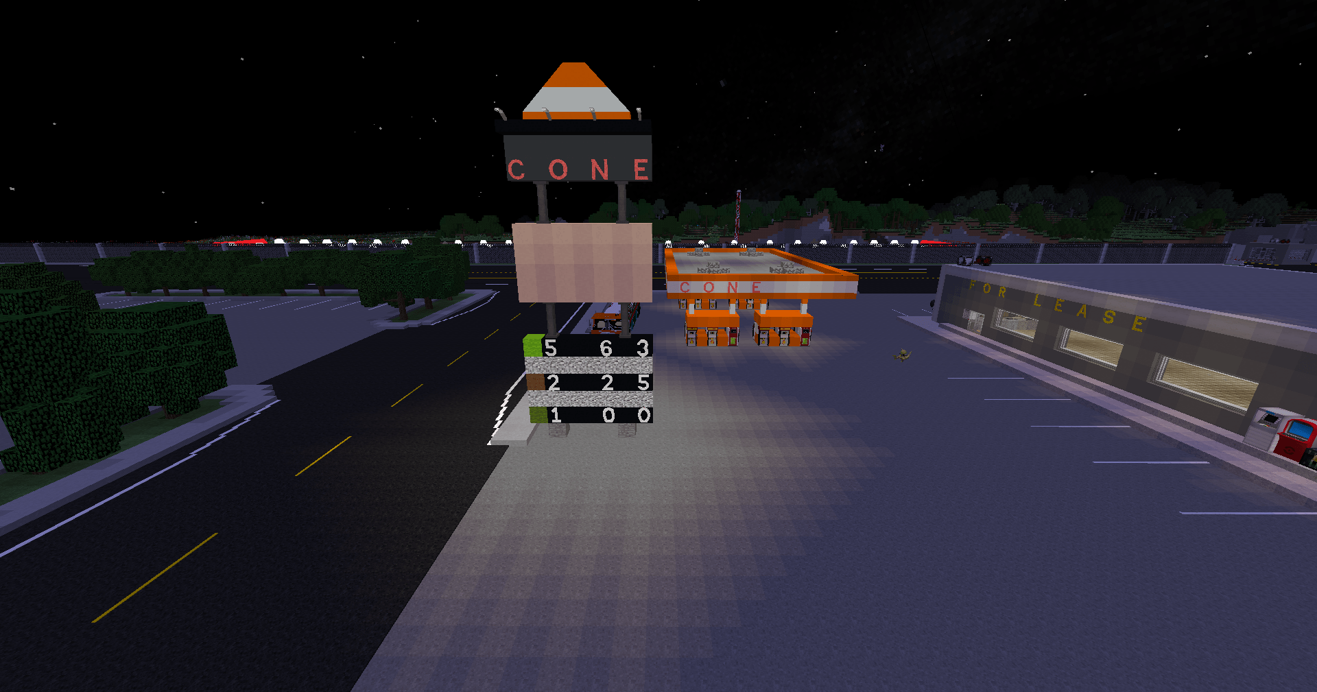 A wide-angle look at the original Cone Co. gas station, featuring its signature oversized sign and blocky price board. This was the first fueling station built in the Pokedustrial world, setting the standard for Smell Oil’s RP fuel network.