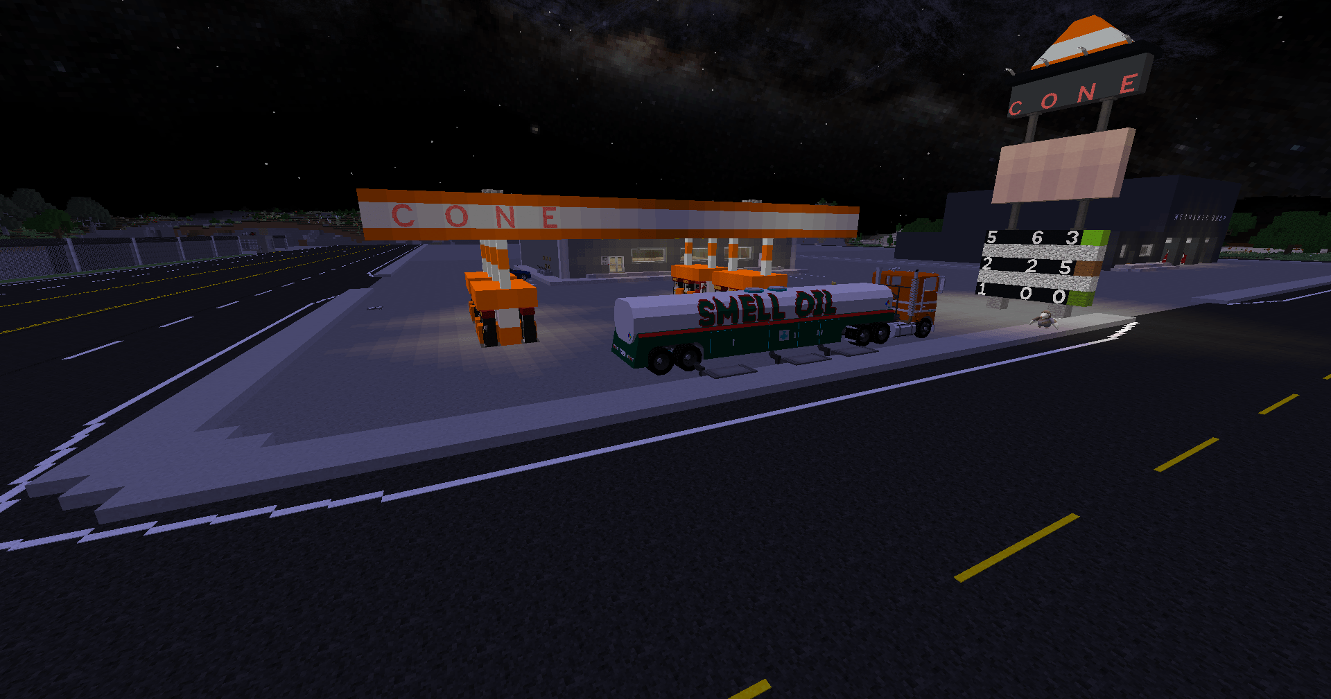 A gas station called Cone Co, powered by Smell Oil Inc. from UNU. Custom tankers and pumps bring fuel realism to life.