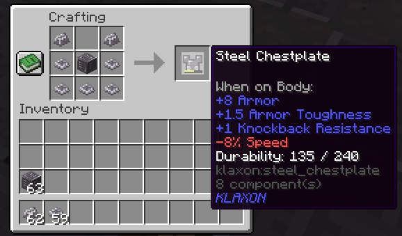 Thumbnail Decrements durability of output items if you use shoddy ingredients. Not to worry, you can repair Steel Equipment without XP or anvil uses.