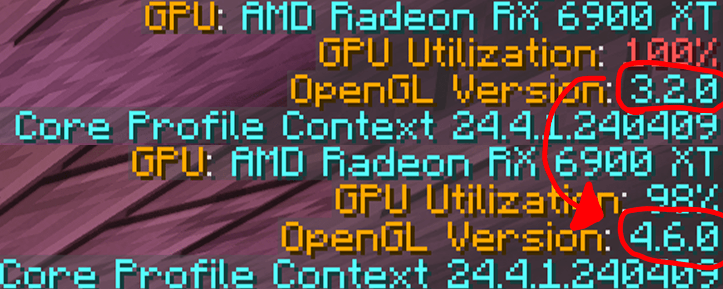 A screenshot of Minecraft using OpenGL 3.2 and then OpenGL 4.6