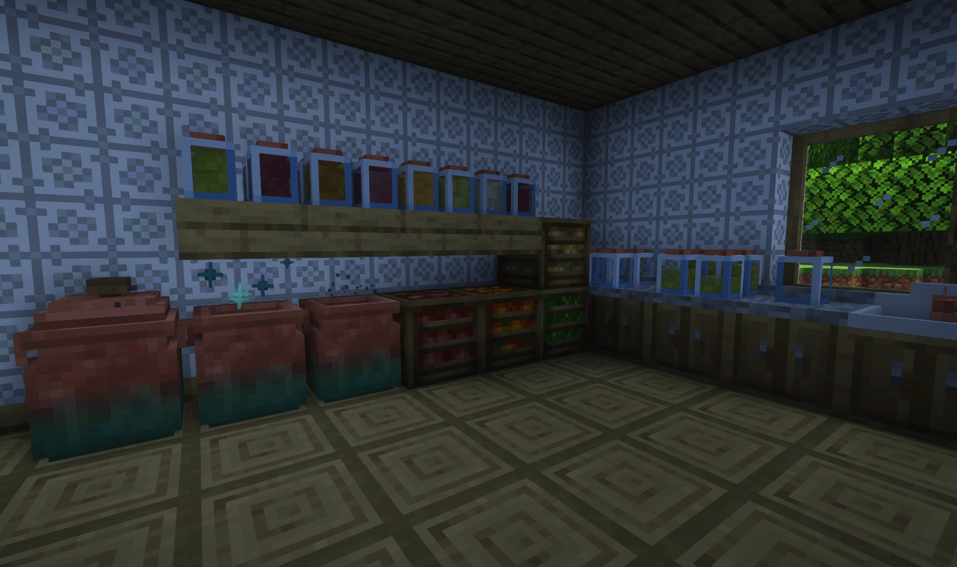 Thumbnail Fermentation Vats in-progress (black particles) and finished (green sparkles). Jar Display being used to show off all the pickled things. (Window by Macaw's.)