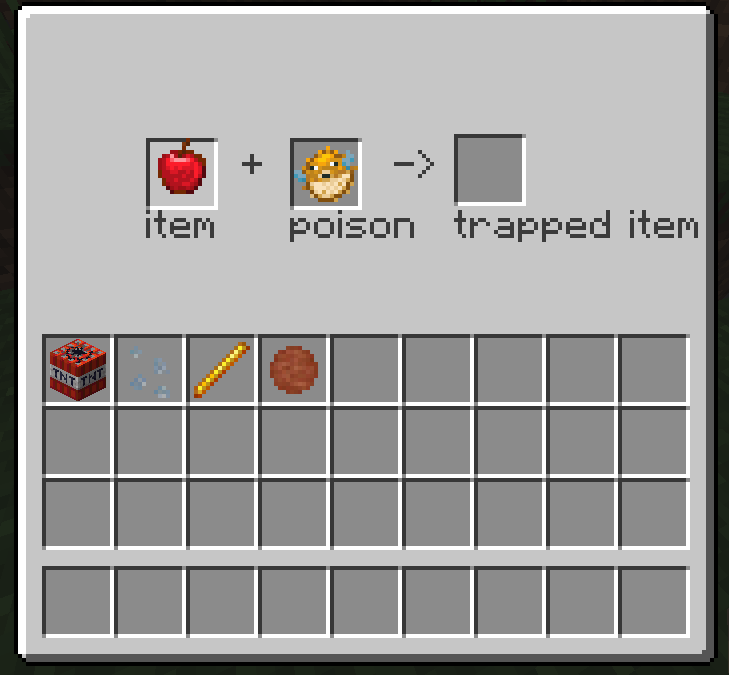 Thumbnail sabotating table allows the player to poison foods with tnt, blast compound, blaze powder, glass shards or pufferfish