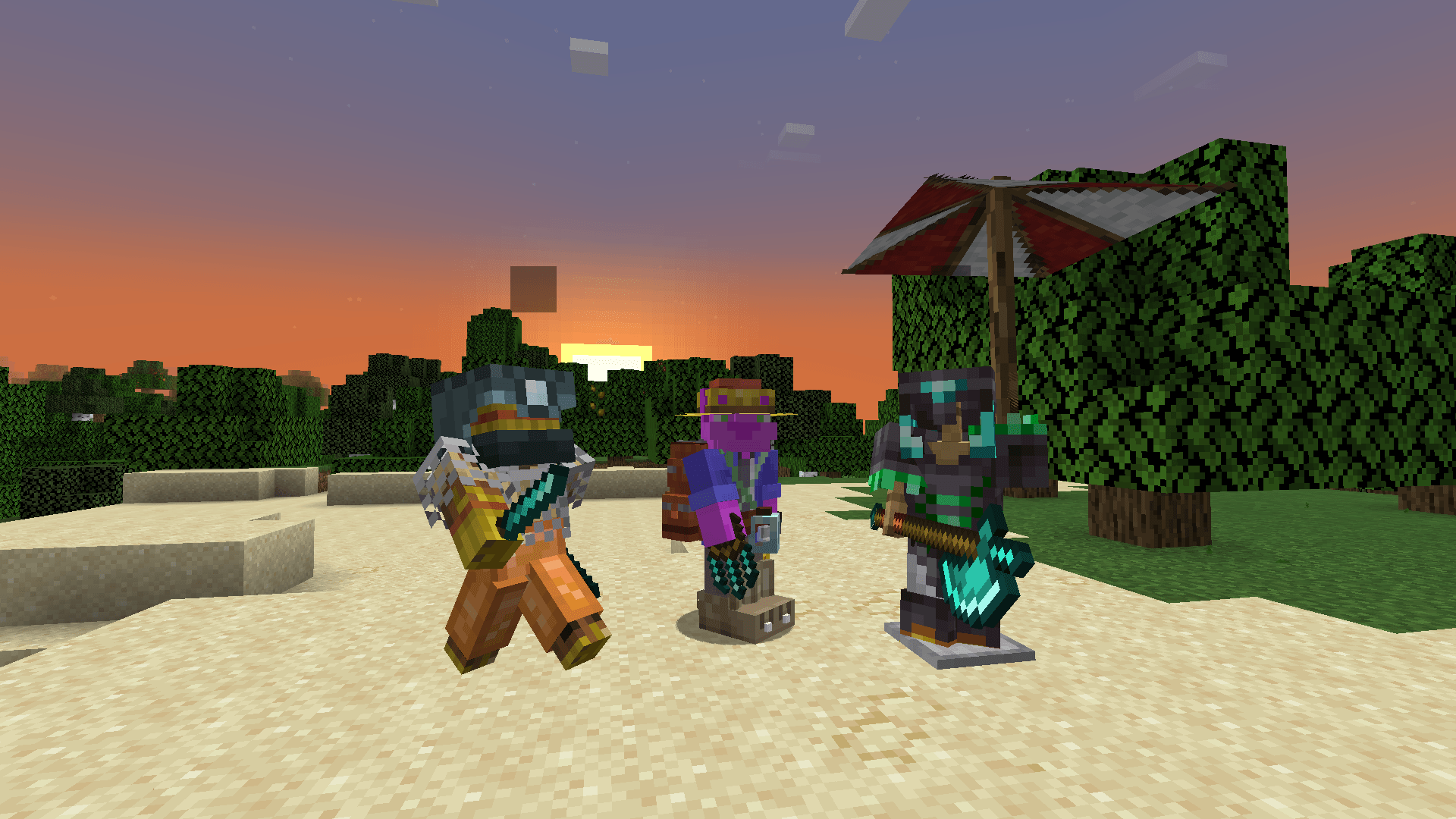 Thumbnail Straw Statue, Armor Poser, Advanced Netherite, Dungeons Arise (Cowl), Artifacts, Dixta's Weaponry, Dixta's Weapony Expansion, and Sophisticated backpacks. Taken with Freecam.