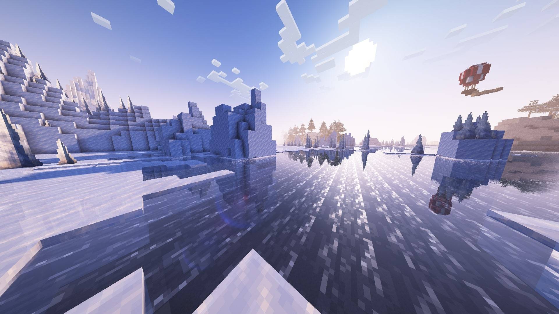 Thumbnail A view of the icy glaciers biome with the built-in shaders enabled.
