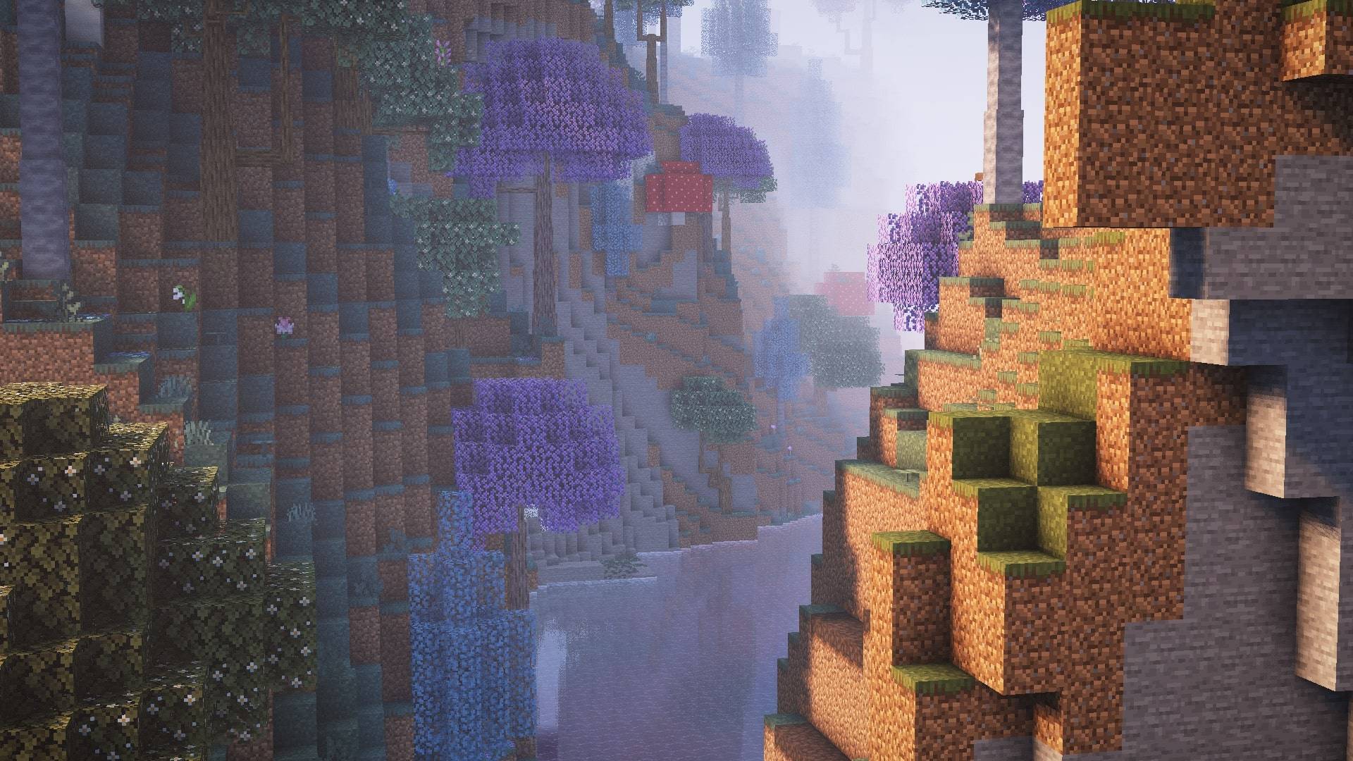 Thumbnail A unique view of a magic forest canyon with a river running through with the built-in shaders enabled.