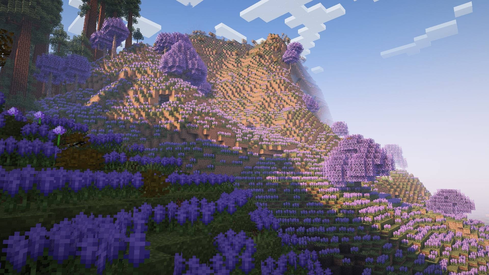 Thumbnail A stunning shot of a hill in a lavender biome with the built-in shaders enabled.