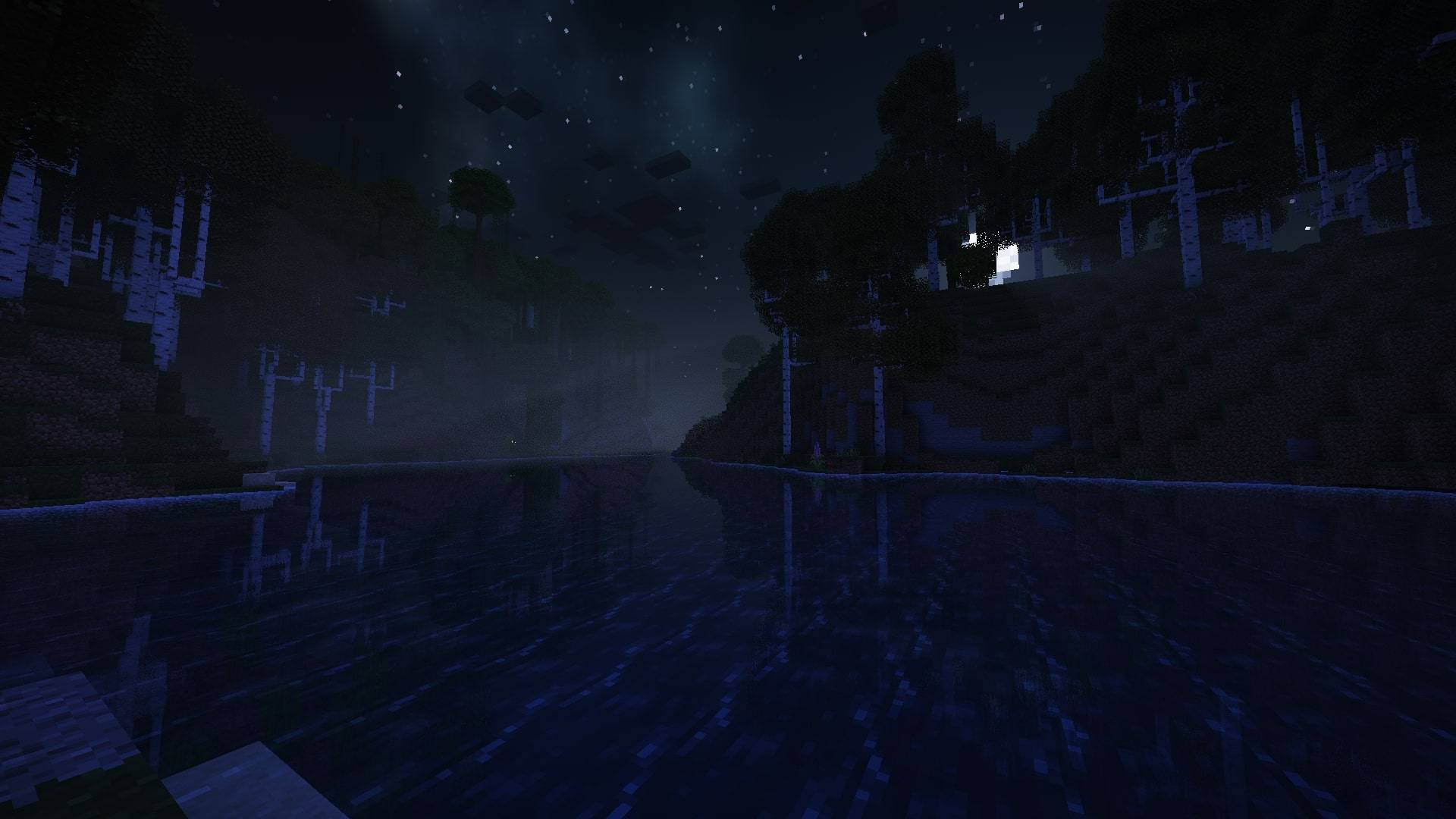 Thumbnail A birch forest blanketed by moonlight with a calm river running through with the built-in shaders enabled.