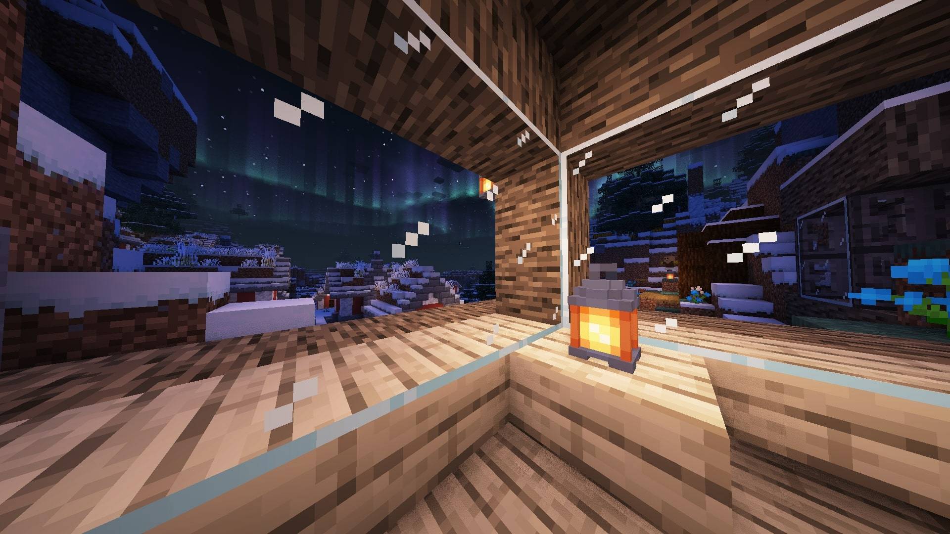 Thumbnail A stunning view of an aurora borealis through a window with the built-in shaders enabled.