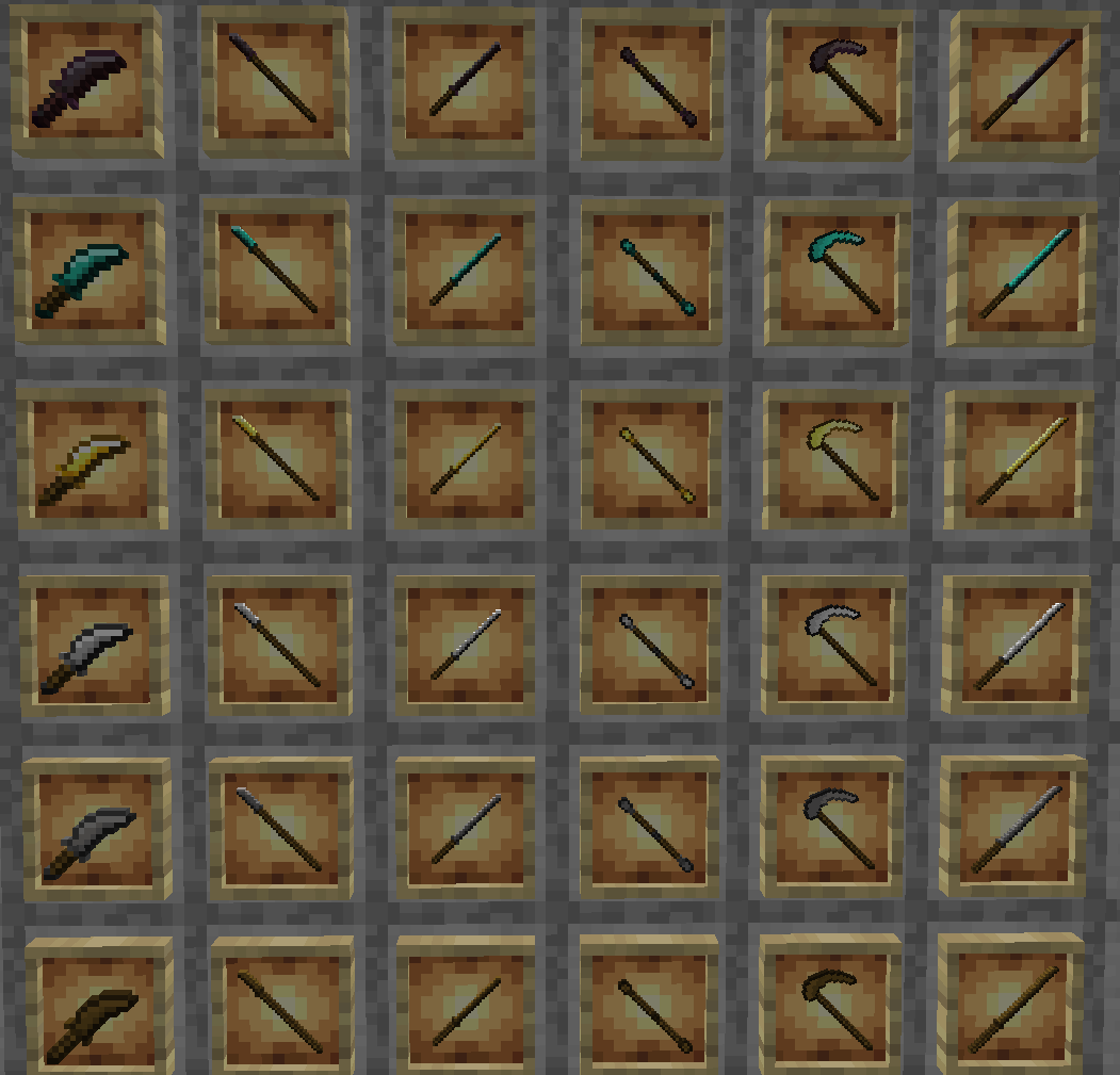 Thumbnail This update will bring into the game new weapons Daggers, Battle Staves, Scythes, Glaives, Katana, Odachi. Now for crafting every type of mod's weapons you need the elements crafted from all vanilla materials.
