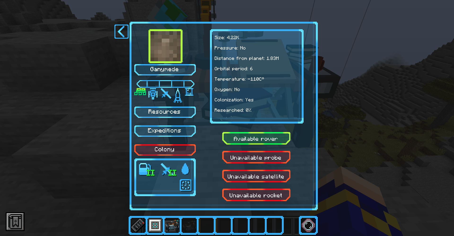 Thumbnail Space object menu using the example of the satellite Ganymede