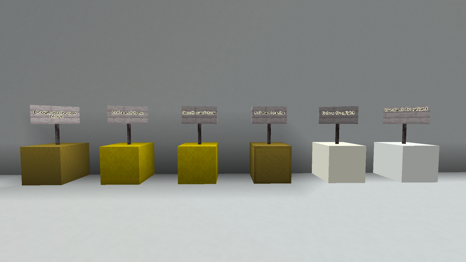 Thumbnail These are blocks from Area 1, left to right: Brown mushroom block, Cut sandstone, Smooth sandstone, Polished granite, Ochre froglight, Verdant froglight.