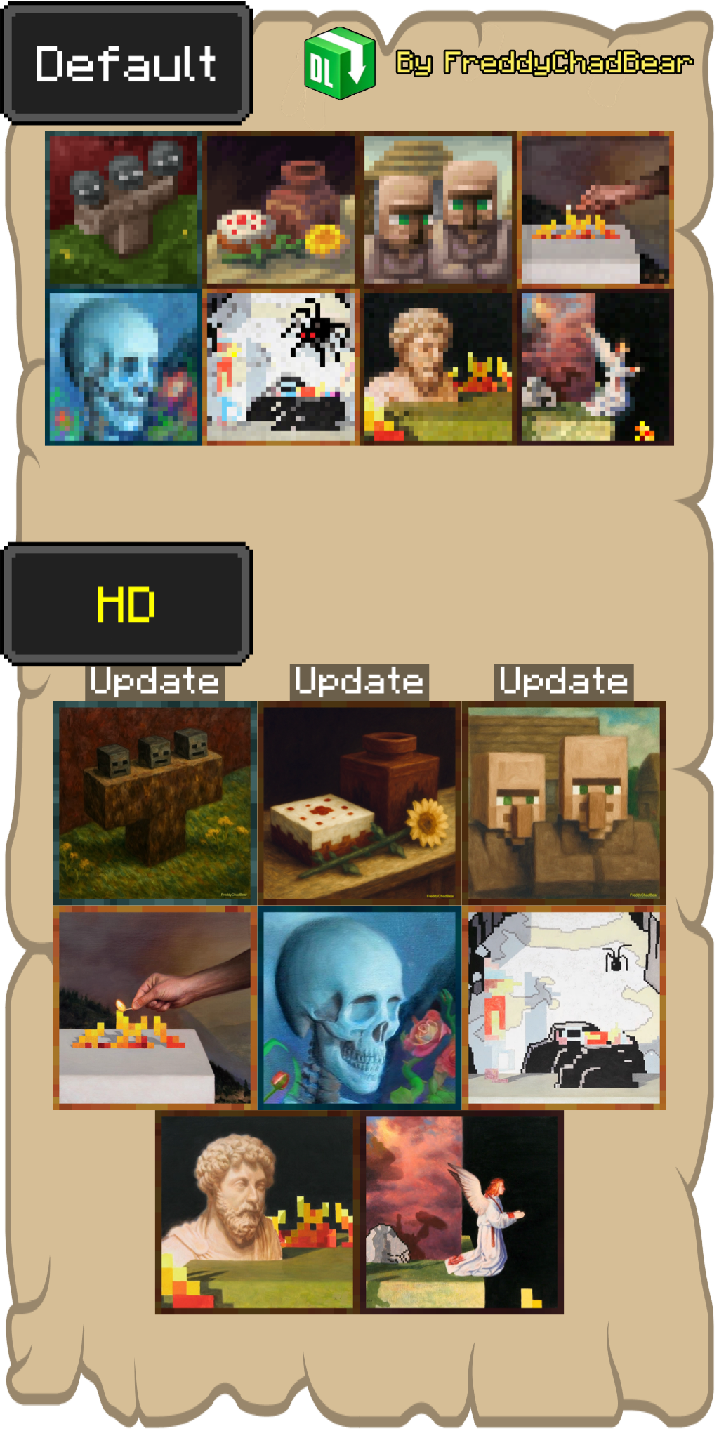 Thumbnail I wasn’t able to find the villagers(humble) and wither and cake,pot,sunflowers paintings, so I made those Three myself,
(just took a screenshot on Minecraft)
And in this New Update I used Oil Painting Effect to make it look like a real painting.