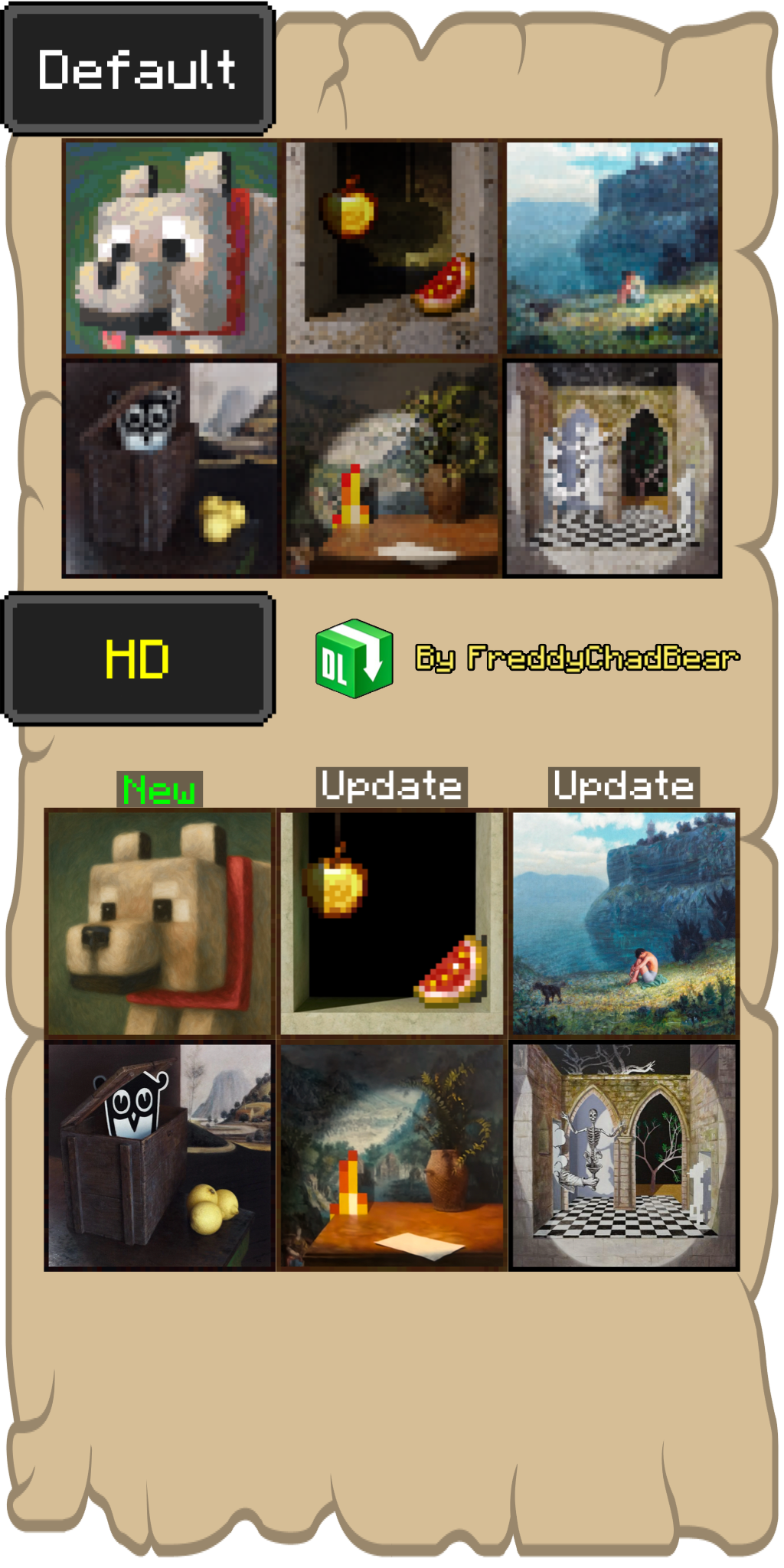 Thumbnail I was able to find the Apple and Melon (coran) painting, but it doesn’t look the same so I made this one myself,
And in this New Update I also added the new Dennis Painting (The Wolf from the Movie).