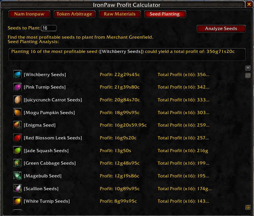 Thumbnail This tab shows/predicts on what is possibly the best seed to plant at your tillers farm. Keep in mind, this is based on _current_ auction house data, and might not be profitable the next day