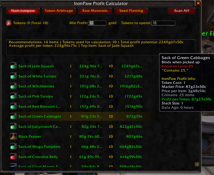 Thumbnail This shows how much profit can be made by buying sacks of X material. You can set the amount of tokens you want to spent, the UI will reflect those changes. You can also set min profit you want to make, the results will be filtered based on that.