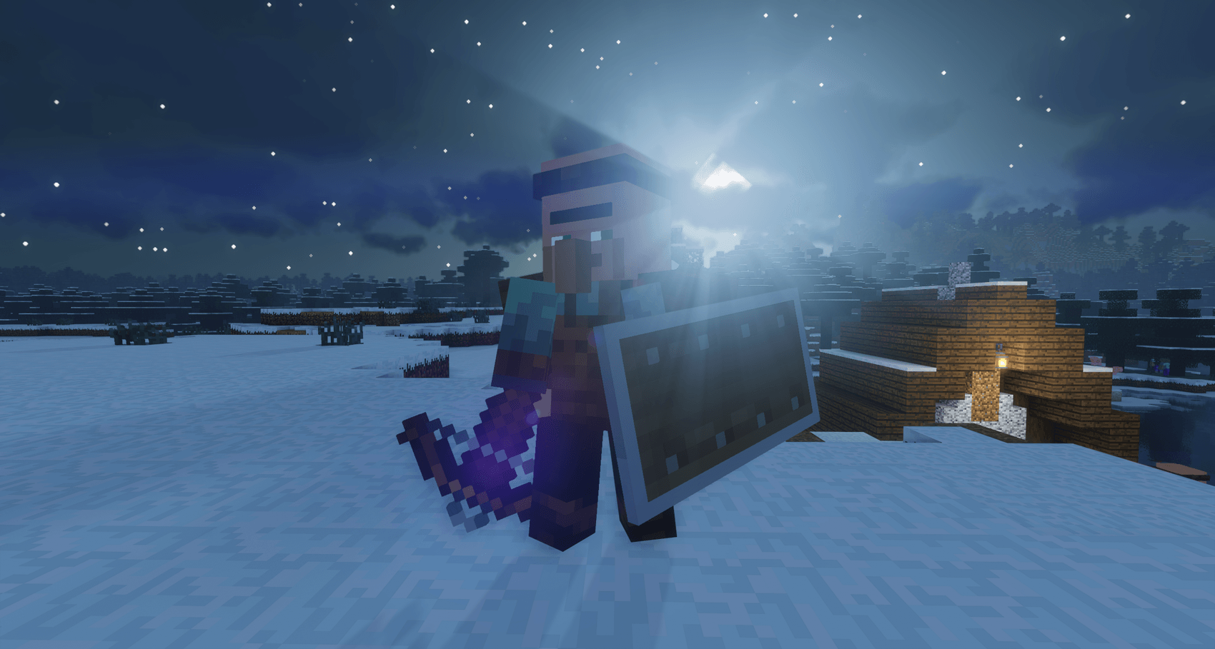 Thumbnail A Guard watches over a snowy village at night...