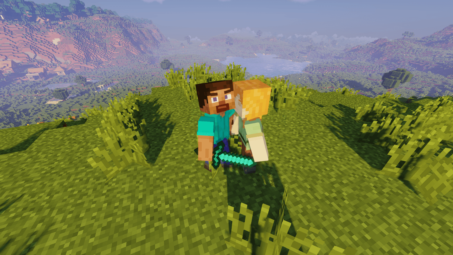 Thumbnail This shot was purely accidental as I was trying to get a cool picture for Modrinth. Got Alex kissing Steve instead XD