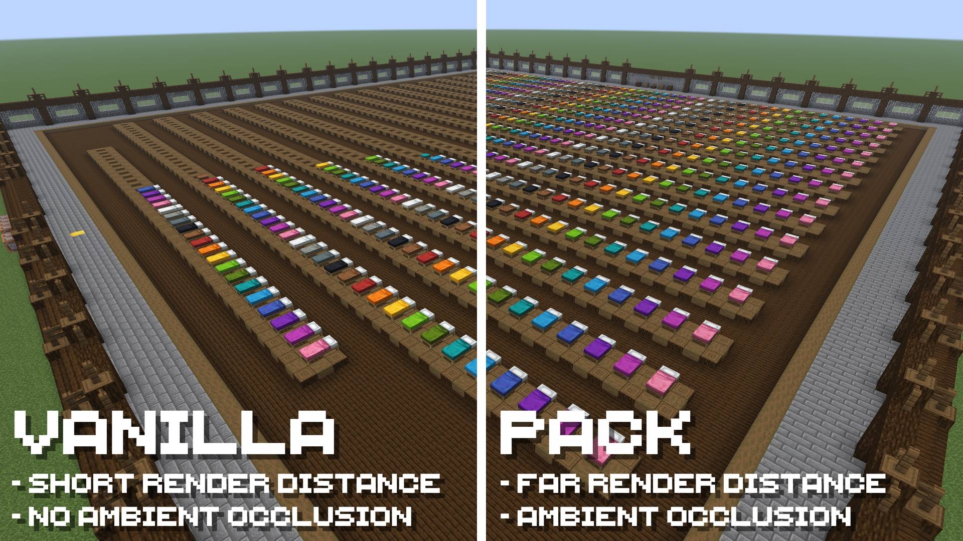 A comparison of vanilla Minecraft's bed render distance vs the pack's bed render distance