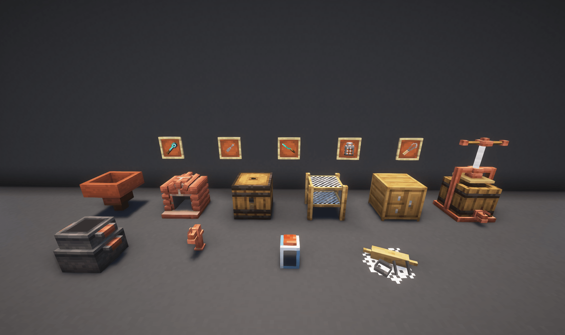 Thumbnail Unstyleable kitchen apparatus! Wall: Spoon, Pestle, Offset Spatula, Box Grater, Whisk. Back Row: Funnel, Oven, Keg, Drying Rack, Chiller, Juicer. Front Row: Melting Pot, Tap, Jar, Dough Shaping Station.
