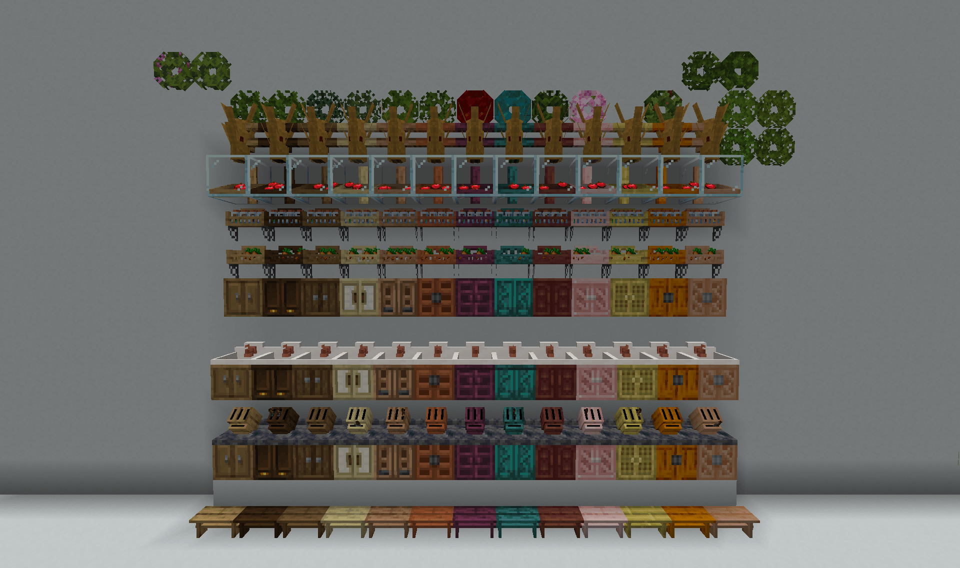 Thumbnail Wooden decor! Top to bottom: Wreaths, Dried Corn Fences, Food Displays, Spice Racks (filled and empty), Half Cabinets, Sinks, Knife Blocks, Countertop Cabinets, Step Stools.