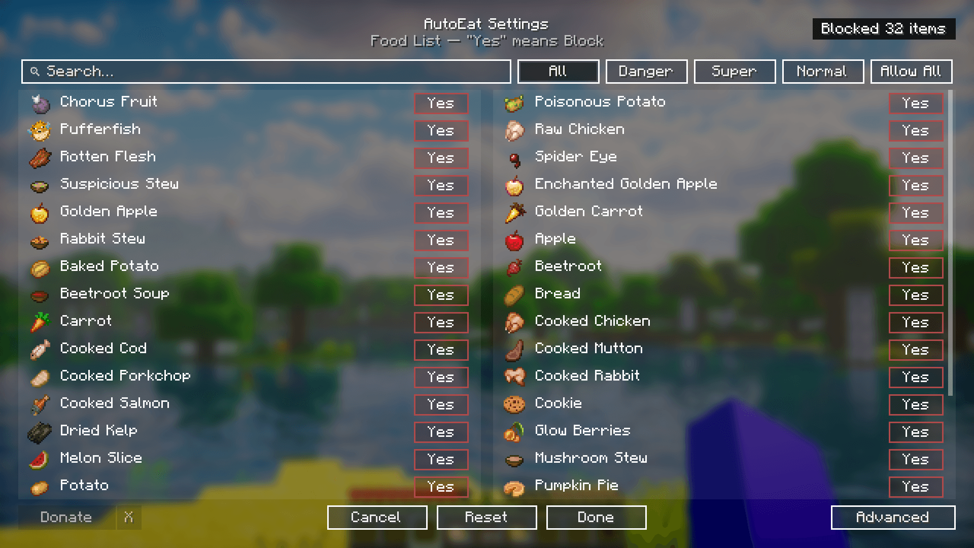 Thumbnail Demonstrates the "Block All" feature in AutoEat. Clicking this button blocks every food item in the selected category, preventing AutoEat from consuming any of them until you click "Allow All" to revert.