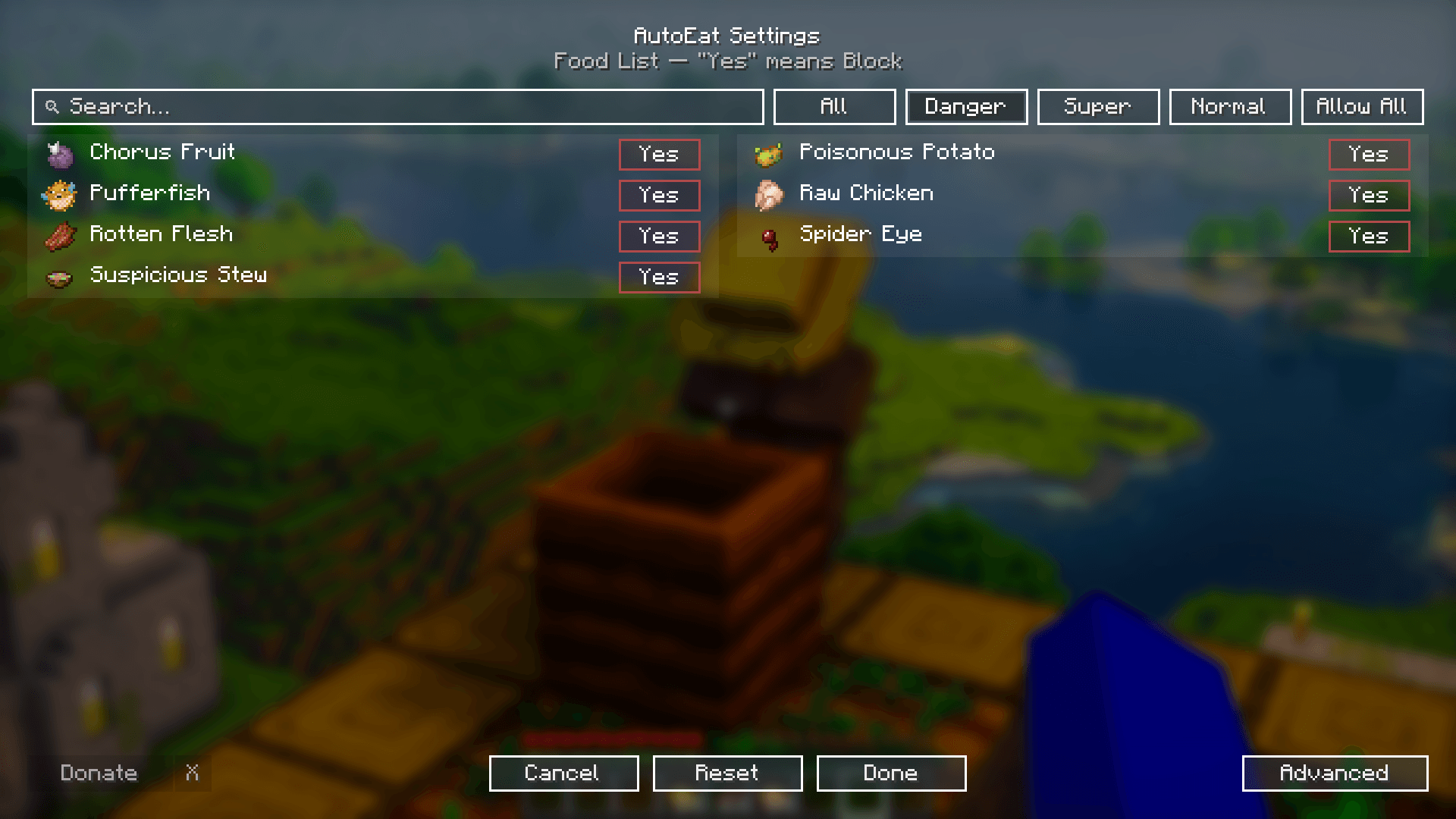 Thumbnail Quickly block dangerous foods like Rotten Flesh, Pufferfish, and Spider Eyes to stay safe while AutoEat runs automatically.