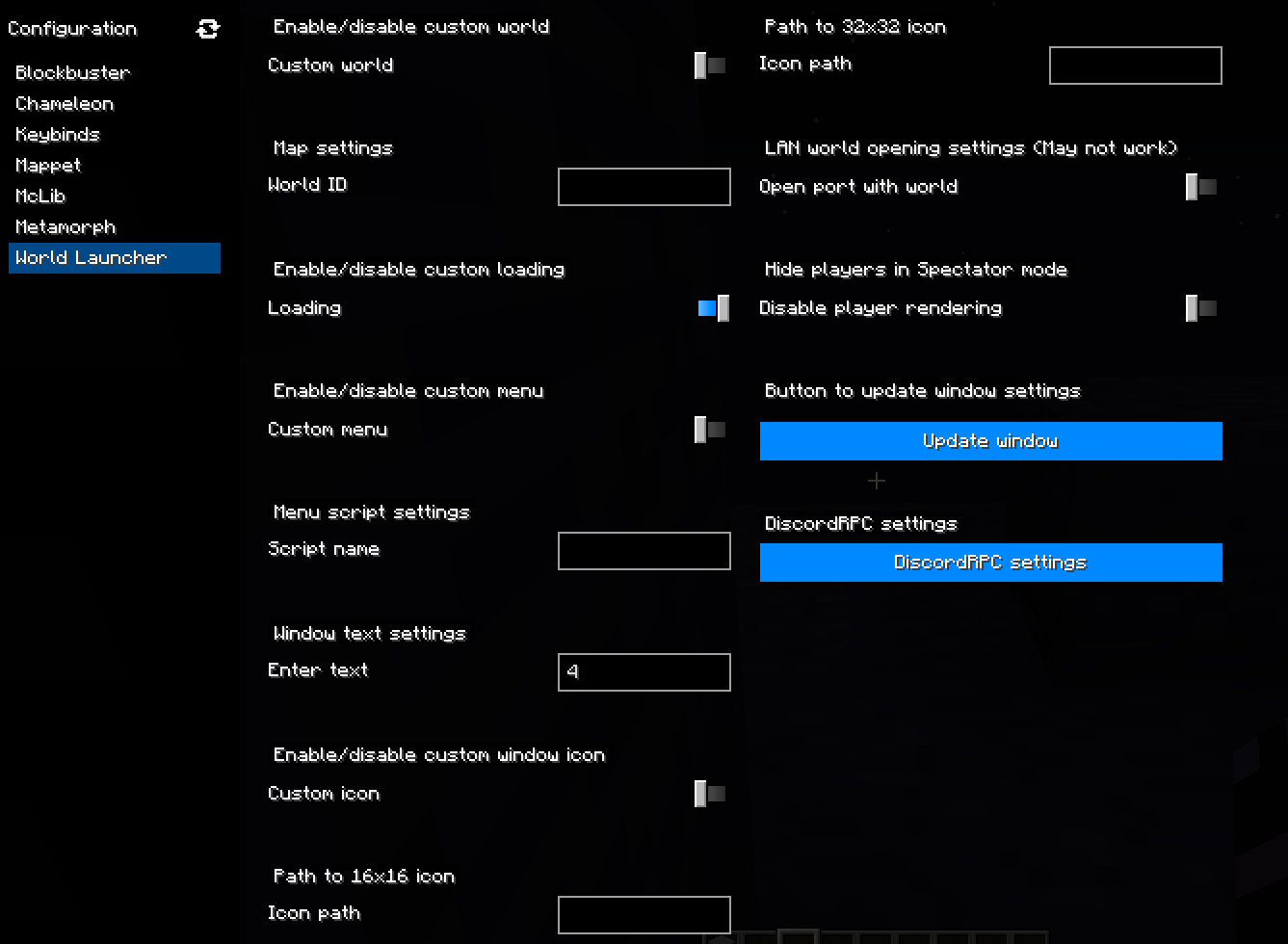 Мinecraft customization panel