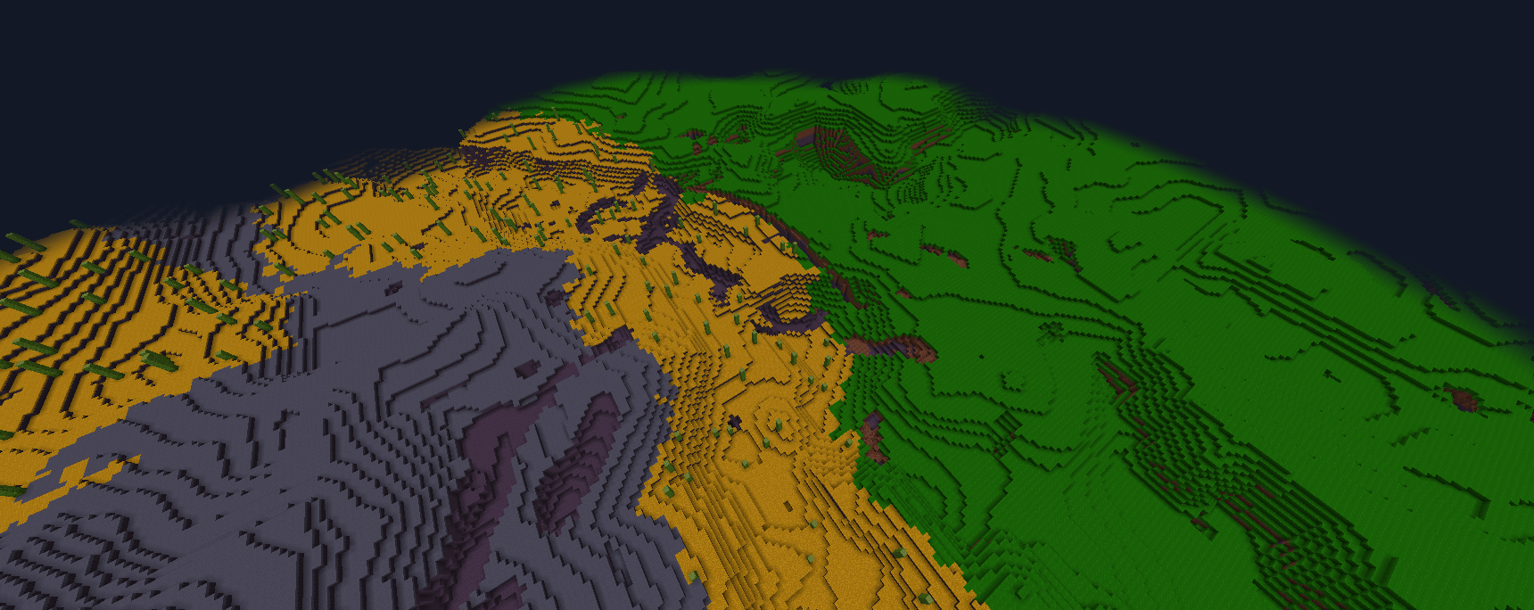 An overhead view of the three dark world biomes already in the mod.