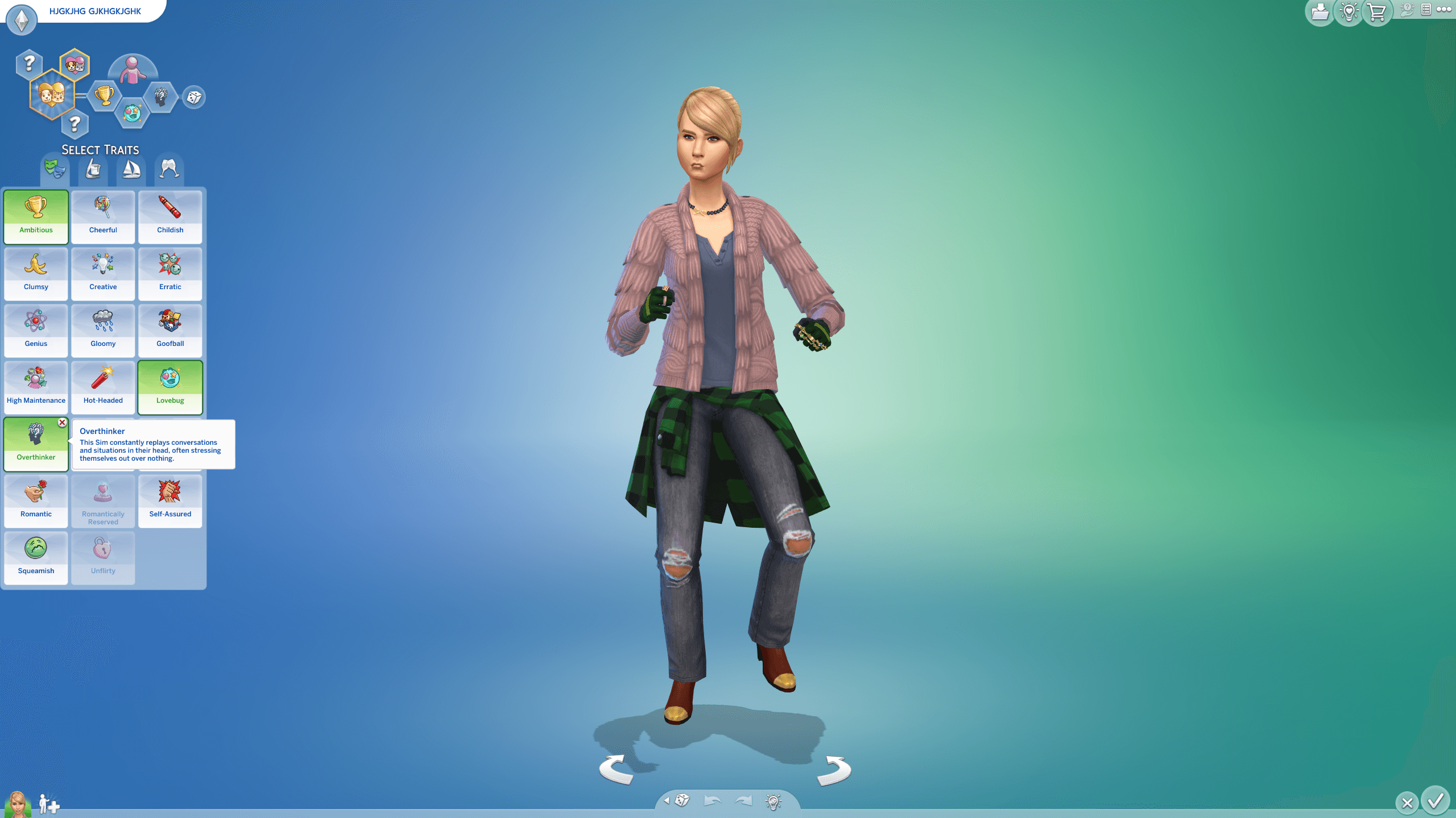 Thumbnail Sims 4 CAS trait menu with the Overthinker trait visible for selection.
