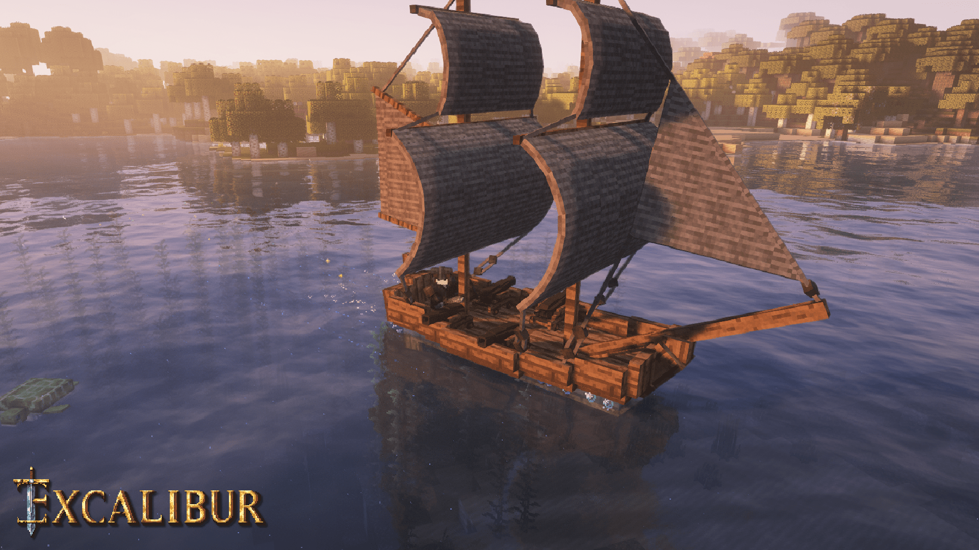 Oak galley, full of cannons, in a river