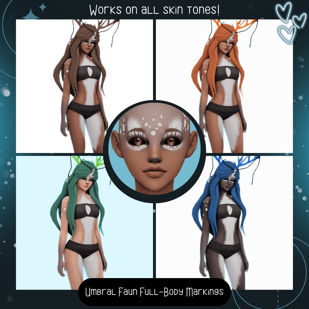 Fullbody deer style markings for your 'Not So Human' Sims that work with all skin tones!