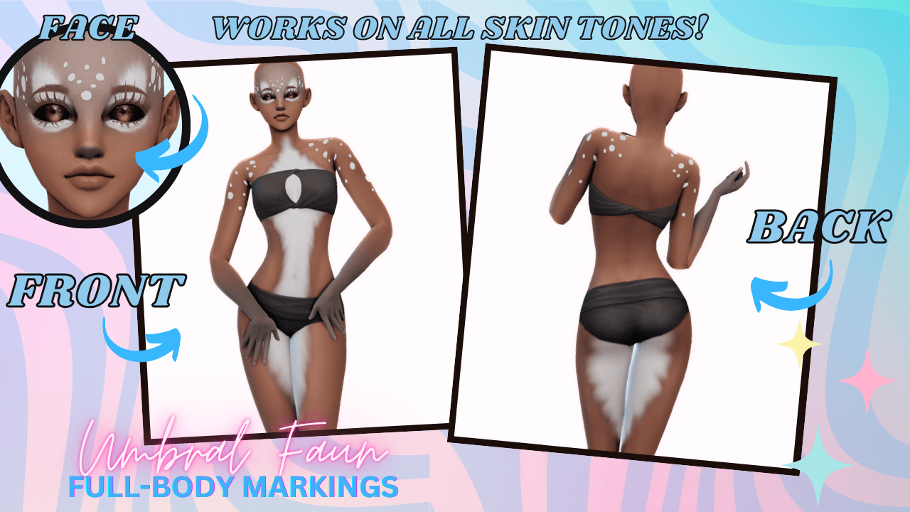Fullbody deer style markings for your 'Not So Human' Sims that work with all skin tones!