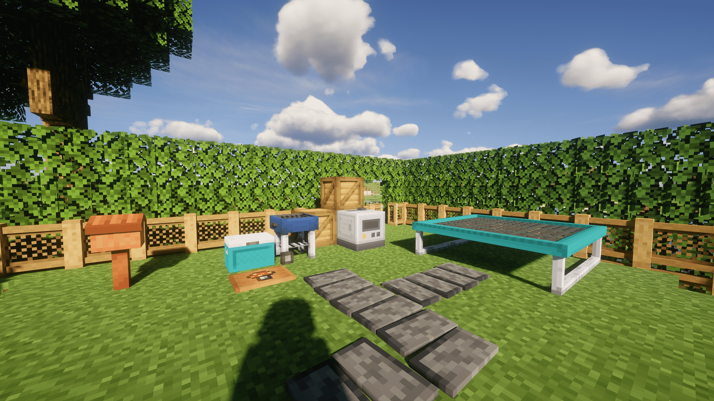Quick backyard layout using MrCrayfish's Furniture Mod: Refurbished with a trapoline, usable stove, mailbox, cooler, and fully customizable floor mat.