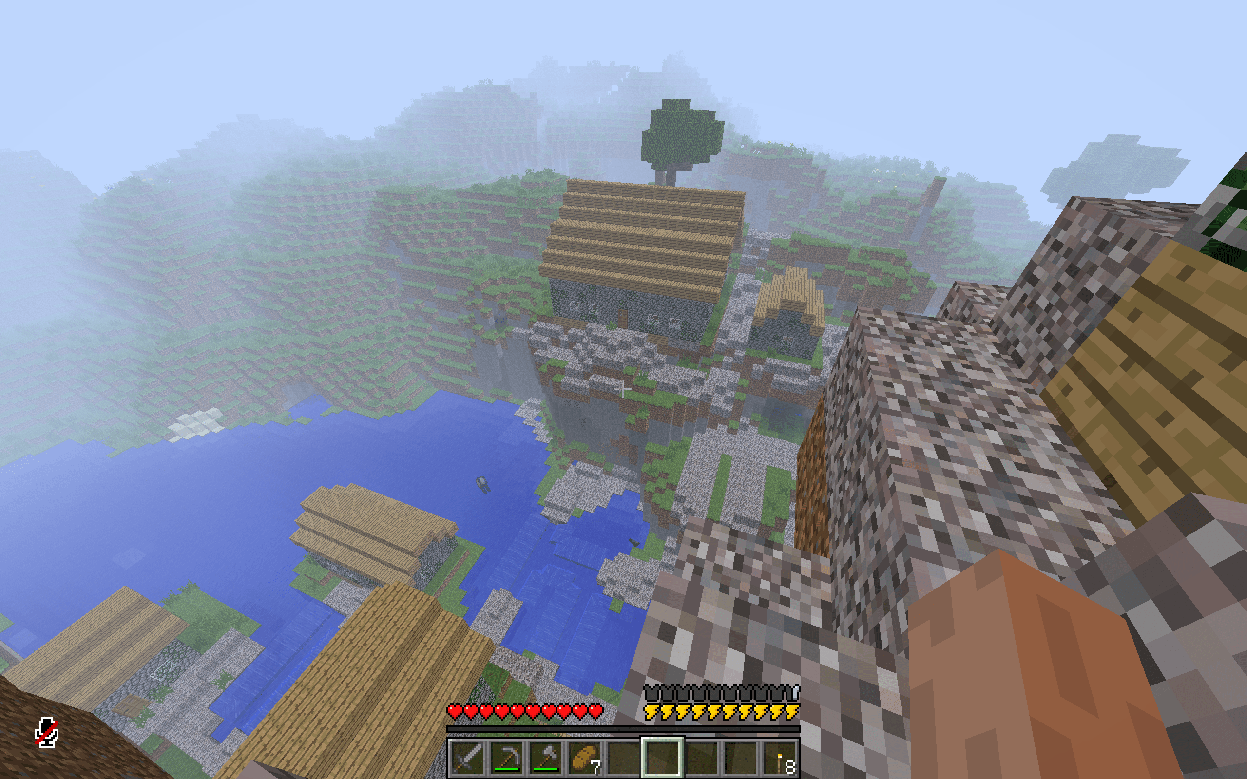 Thumbnail A screenshot showcasing our custom villages, heavily based off of Notch's old prototype villages.