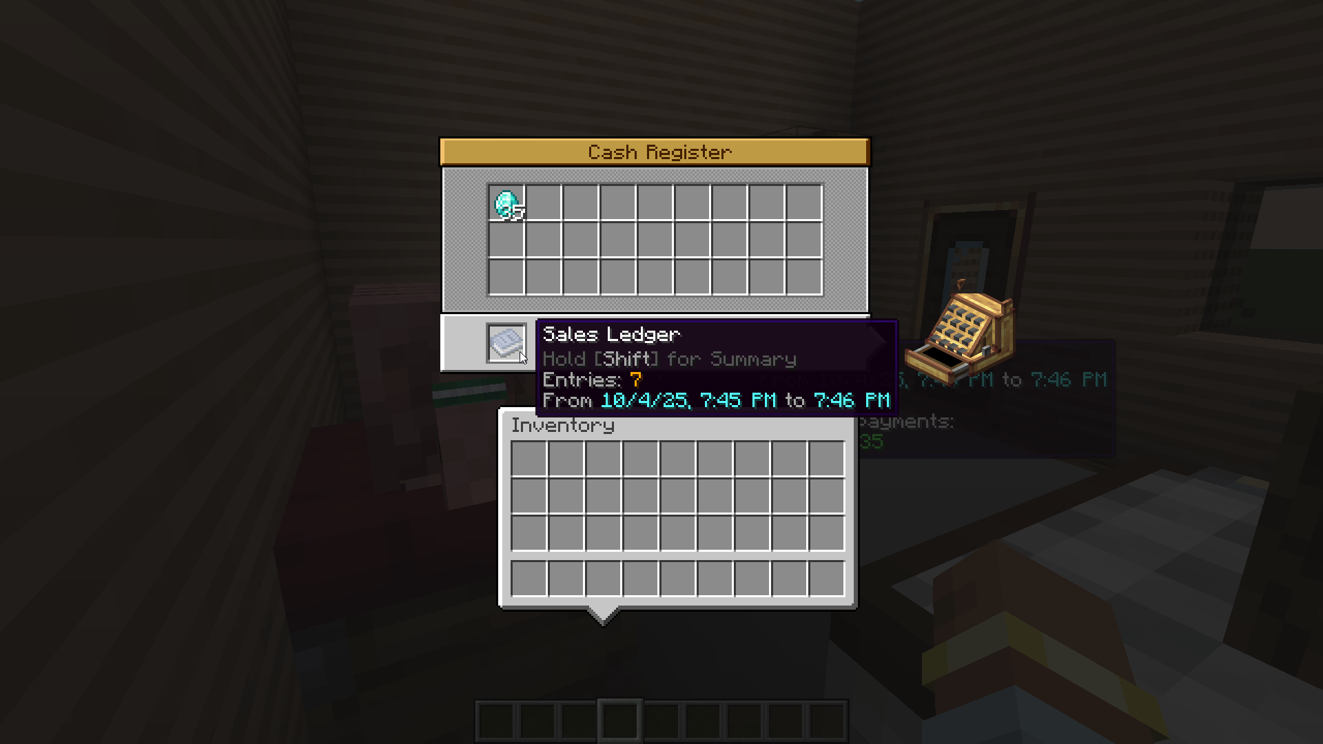Thumbnail The Cash Register has a custom UI for taking out payments, which gives you access to the Sales Ledger. Take the Ledger with you, and you can right-click with it to view a list of all the items that were sold.