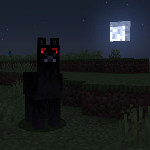 **A vampire llama with glowing red eyes**