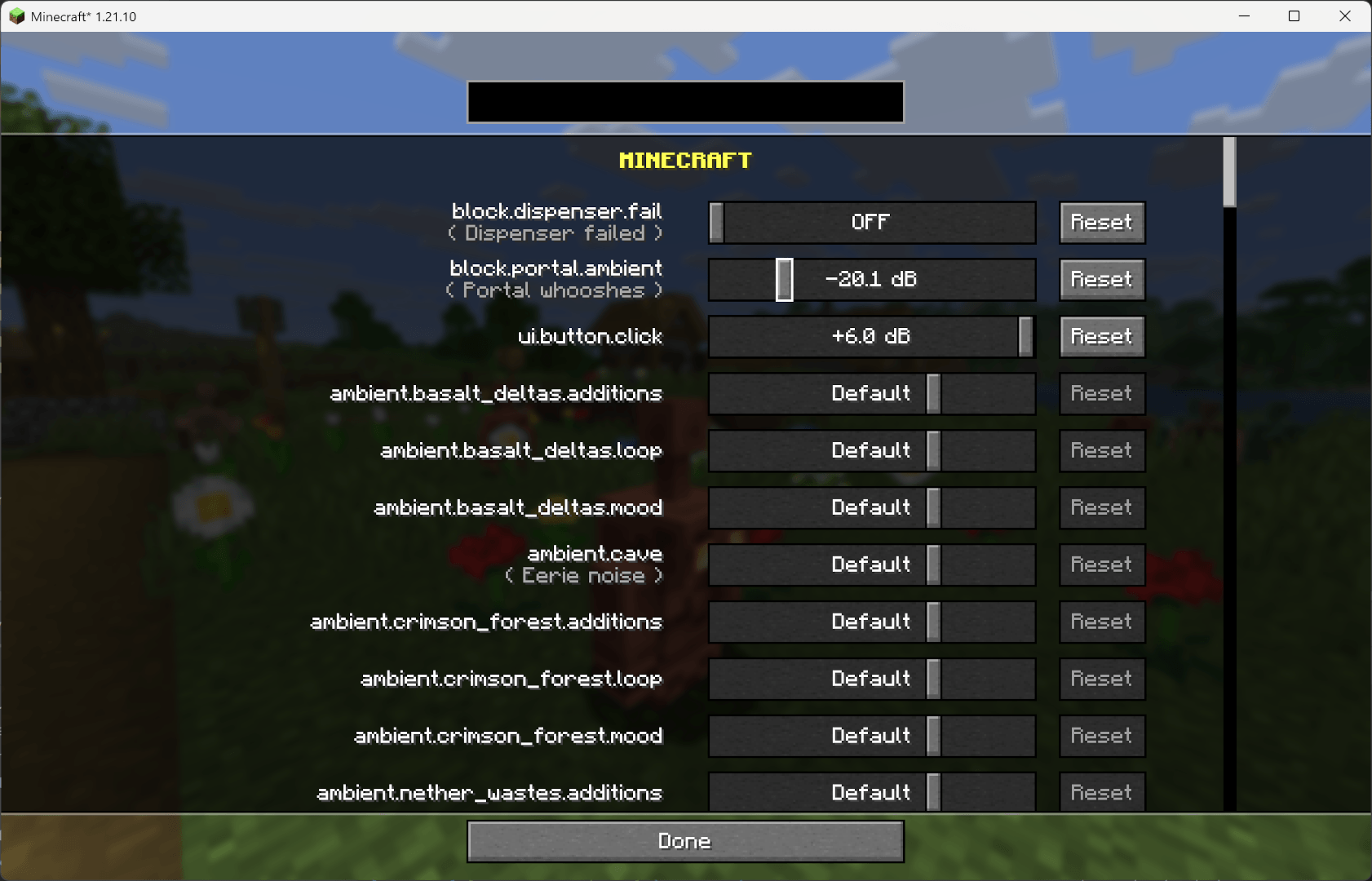 Menu that allows to tweak volume of each sound independently